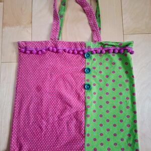 Pink and Green Polka Dot Tote Bag with Pom Trim